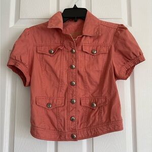 Live a Little Denim Button Up Short Sleeve Shirt Peach Size S Spring Western